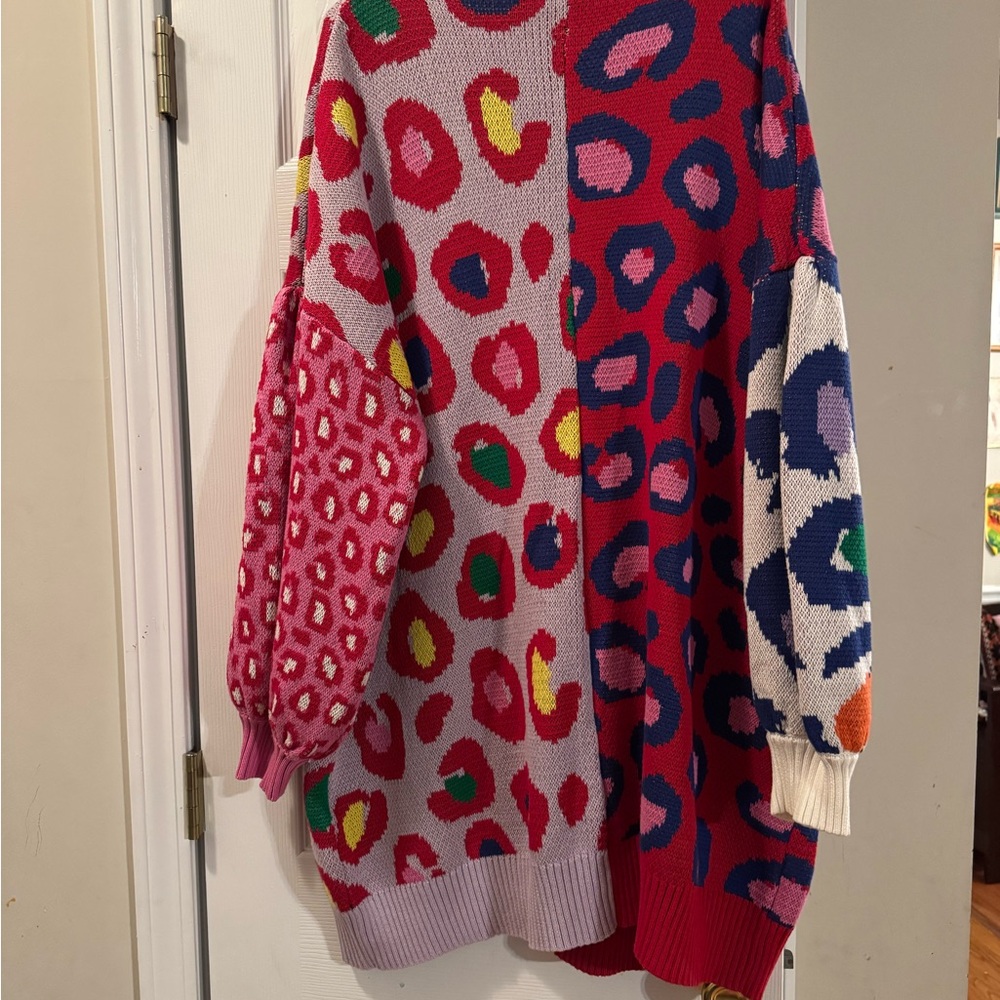 Farm Rio  Leopard Print Button-Up Cardigan Sweater - Pink Multi - Picture 2 of 6